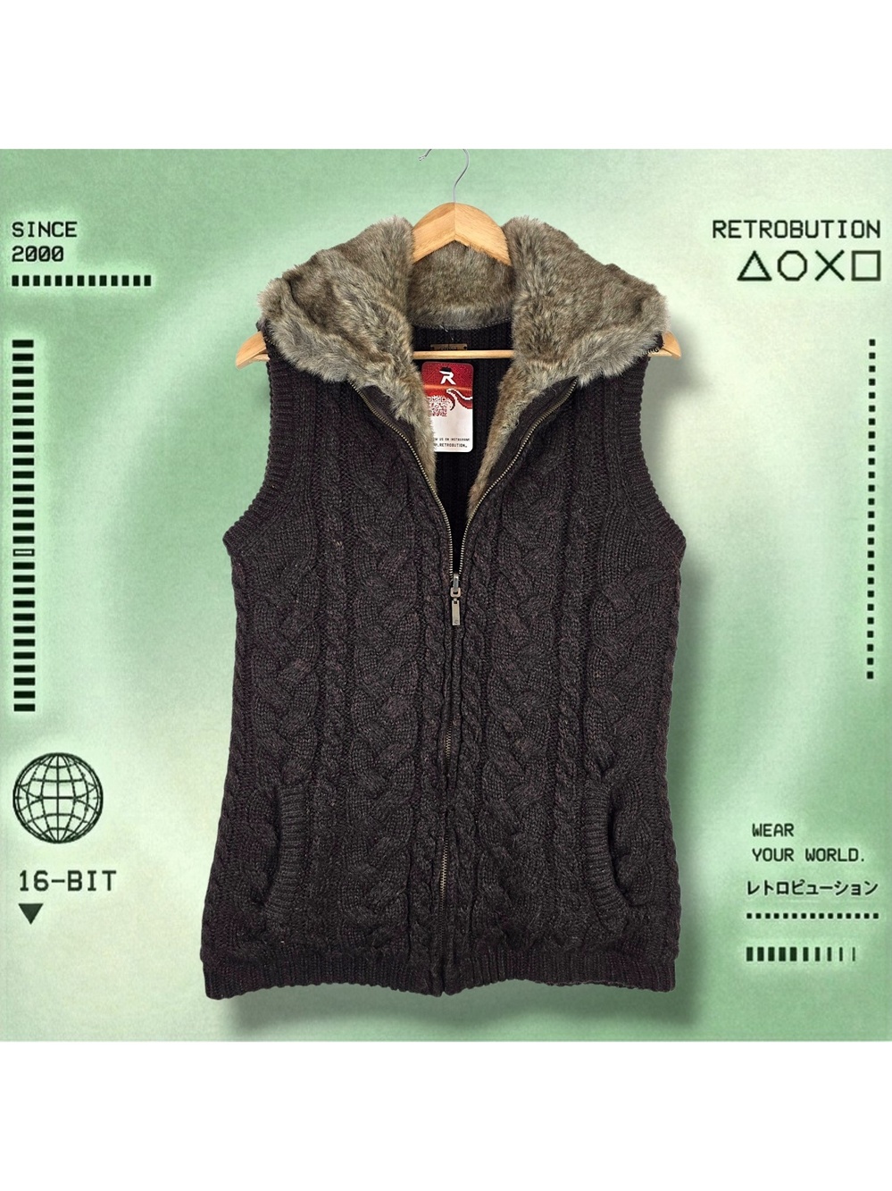 Y2K Fur Lined Cable Knit Vest Sweater Brown Size M